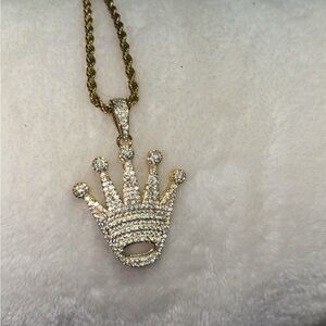 Gold Crown Pendant Necklace with Clear Crystals